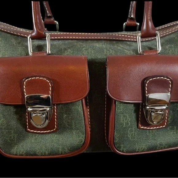Rooney & Bourke Vintage Shoulder Bag Green Canvas with Brown Leather Trim/Accent - Picture 14 of 17